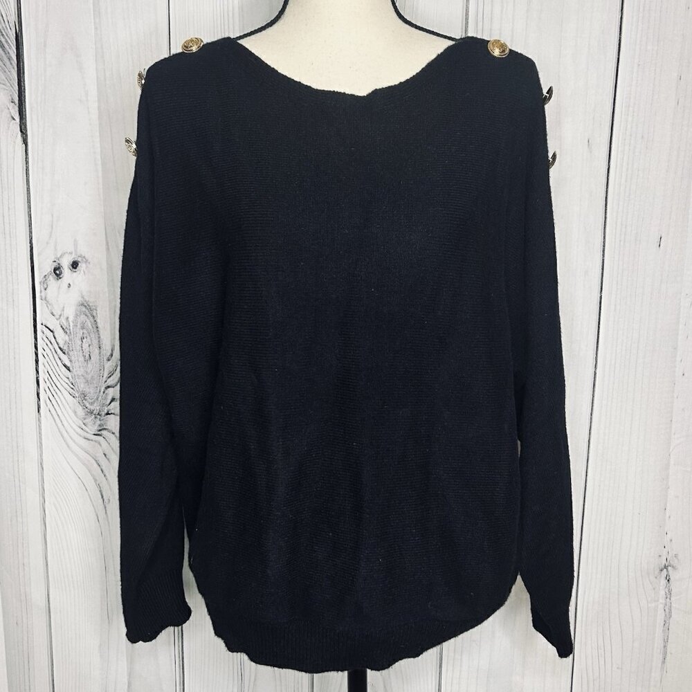 Tahari Long Sleeve Sweater Top Size XL Black Gold Button Detail